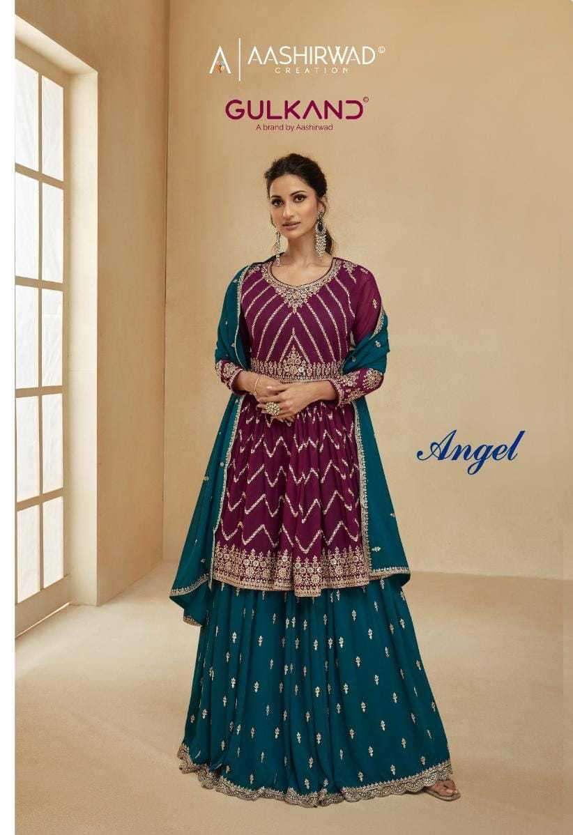 GULKAND ANGEL BY AASHIRWAD CREATION 9714 TO 9718 SERIES GEORGETTE WORK GHARARA SUITS