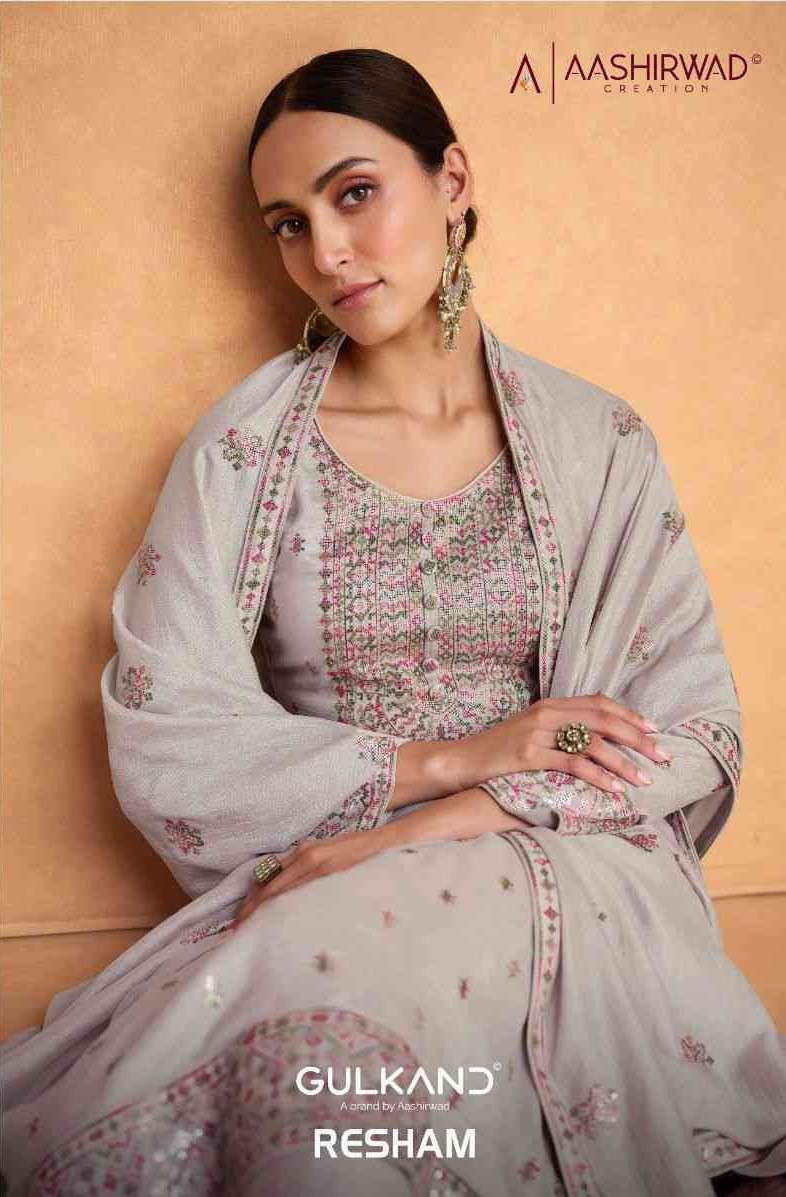 GULKAND RESHAM BY AASHIRWAD CREATION 9500 TO 9503 SERIES PREMIUM SILK WORK DRESSES