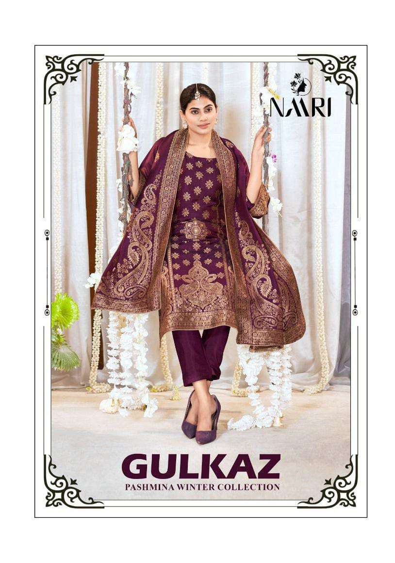 GULKAZ BY NAARI 31001 TO 31004 SERIES VISCOSE PASHMINA JACQUARD WORK WINTER WEAR DRESSES