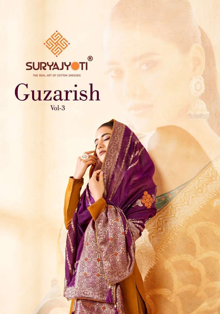 GUZARISH VOL-3 BY SURYAJYOTI 3001 TO 3006 SERIES JAM SATIN EMBROIDERY WORK DRESSES