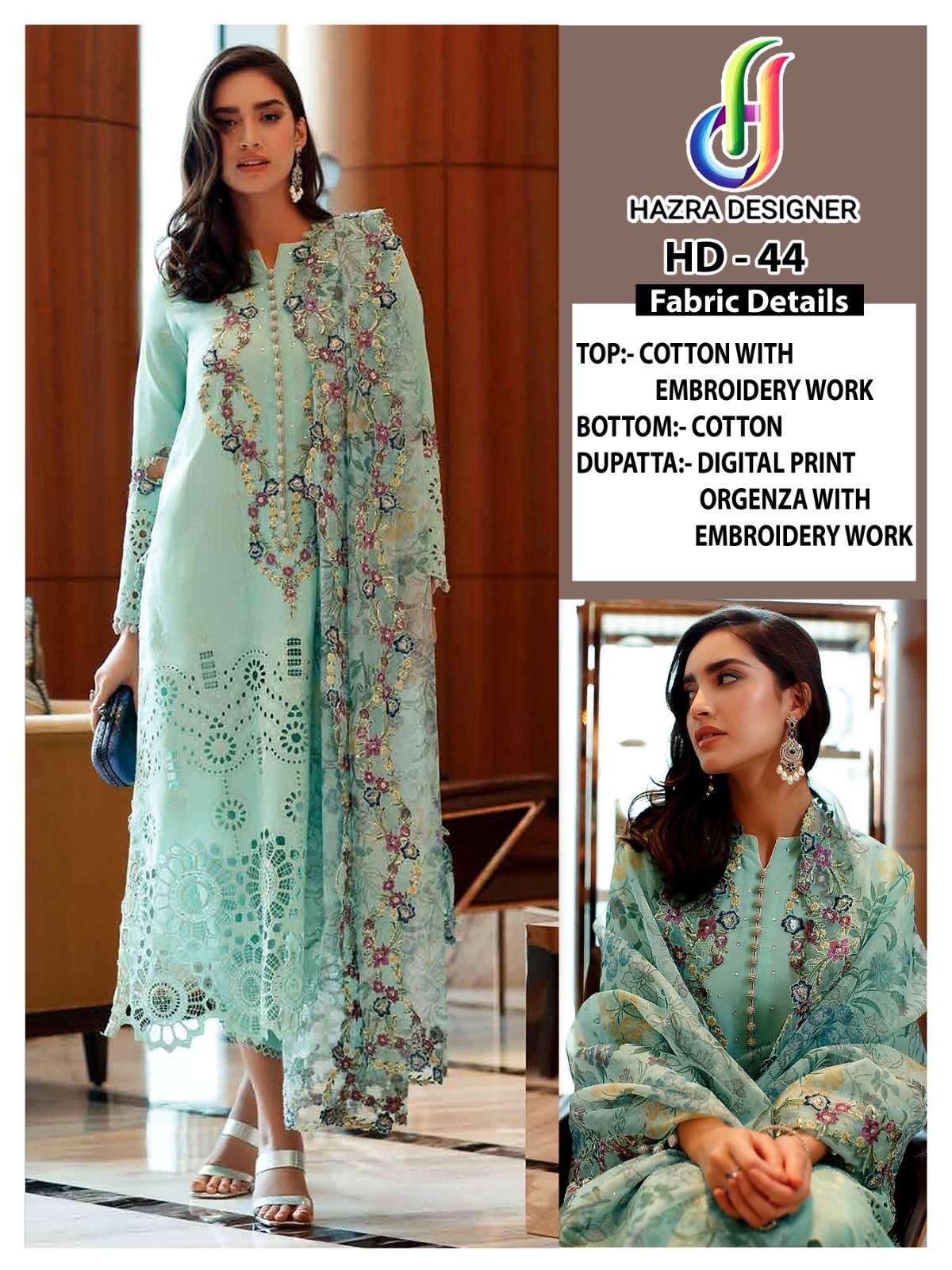 HD-44 HIT DESIGN BY HAZRA DESIGNER PURE COTTON EMBROIDERY WORK PAKISTANI DRESSES