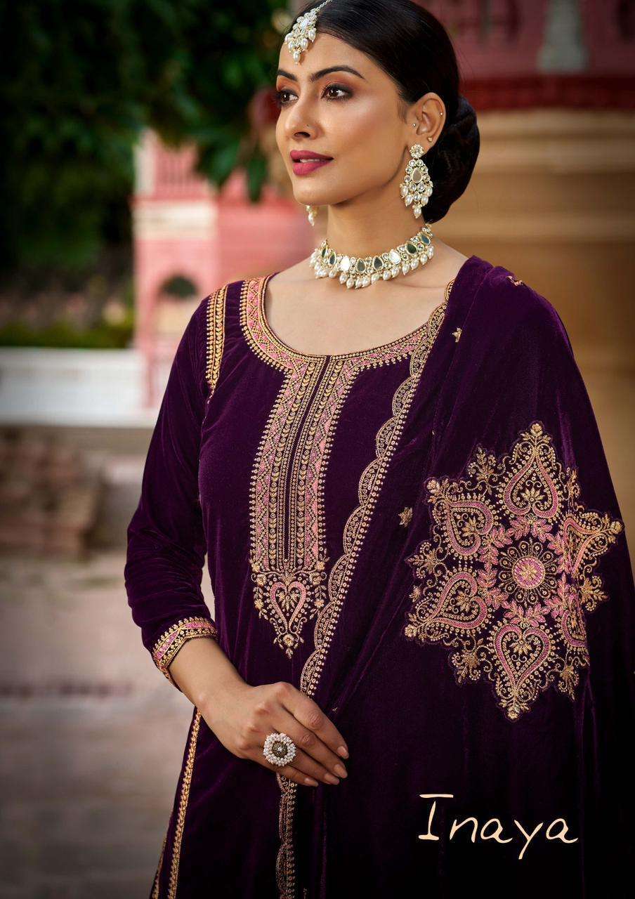 INAYA BY SARGAM PRINTS 1113-A TO 1113-D SERIES VELVET EMBROIDERY WORK WINTER WEAR DRESSES