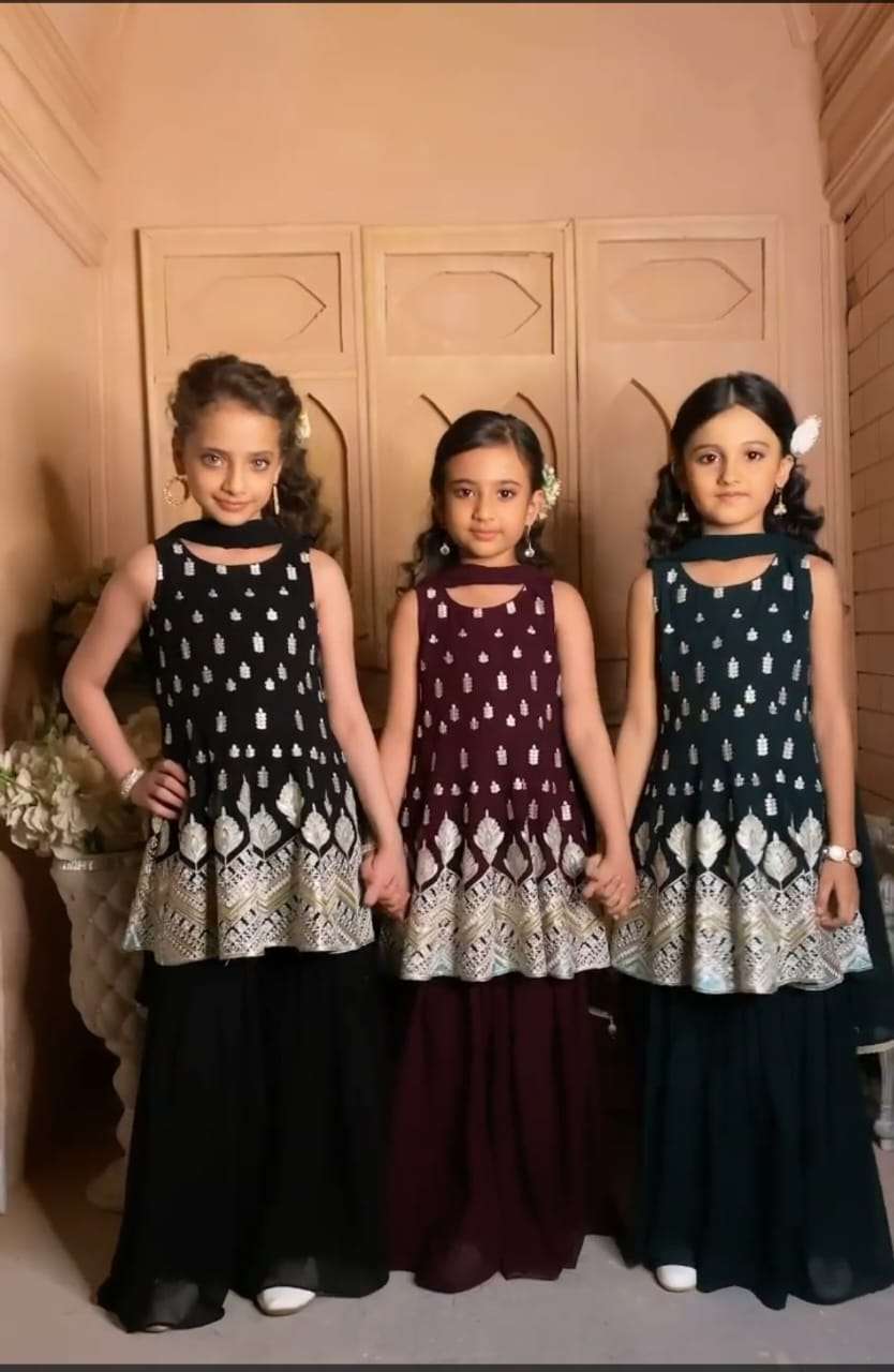 JANNAT BY AQSAWHOLESALE FAUX GEORGETTE EMBROIDERY WORK KIDS SHARARA SUIT