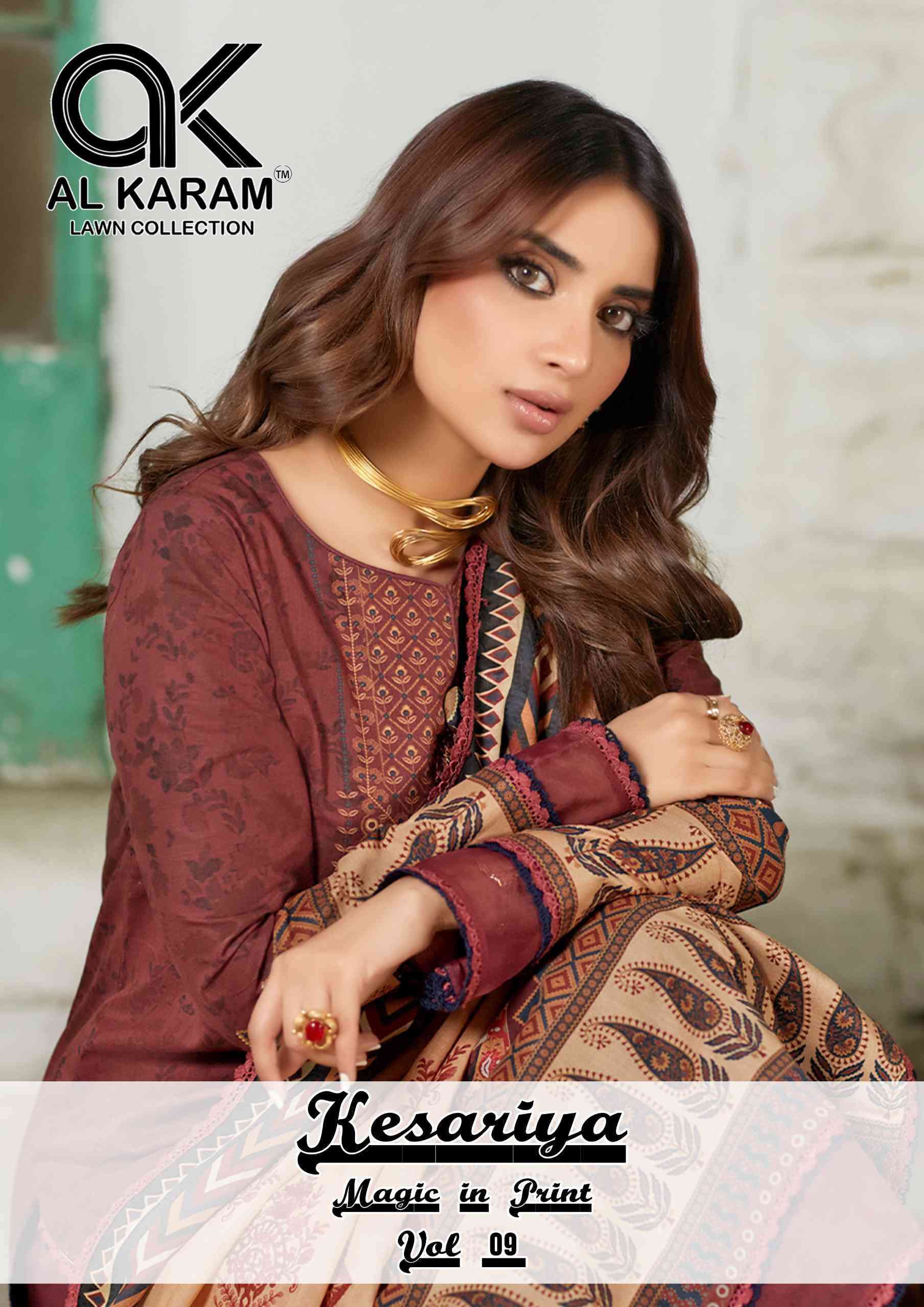 KESARIYA VOL-9 BY AL KARAM 9001 TO 9006 SERIES PURE CAMBRIC COTTON PRINT PAKISTANI DRESSES