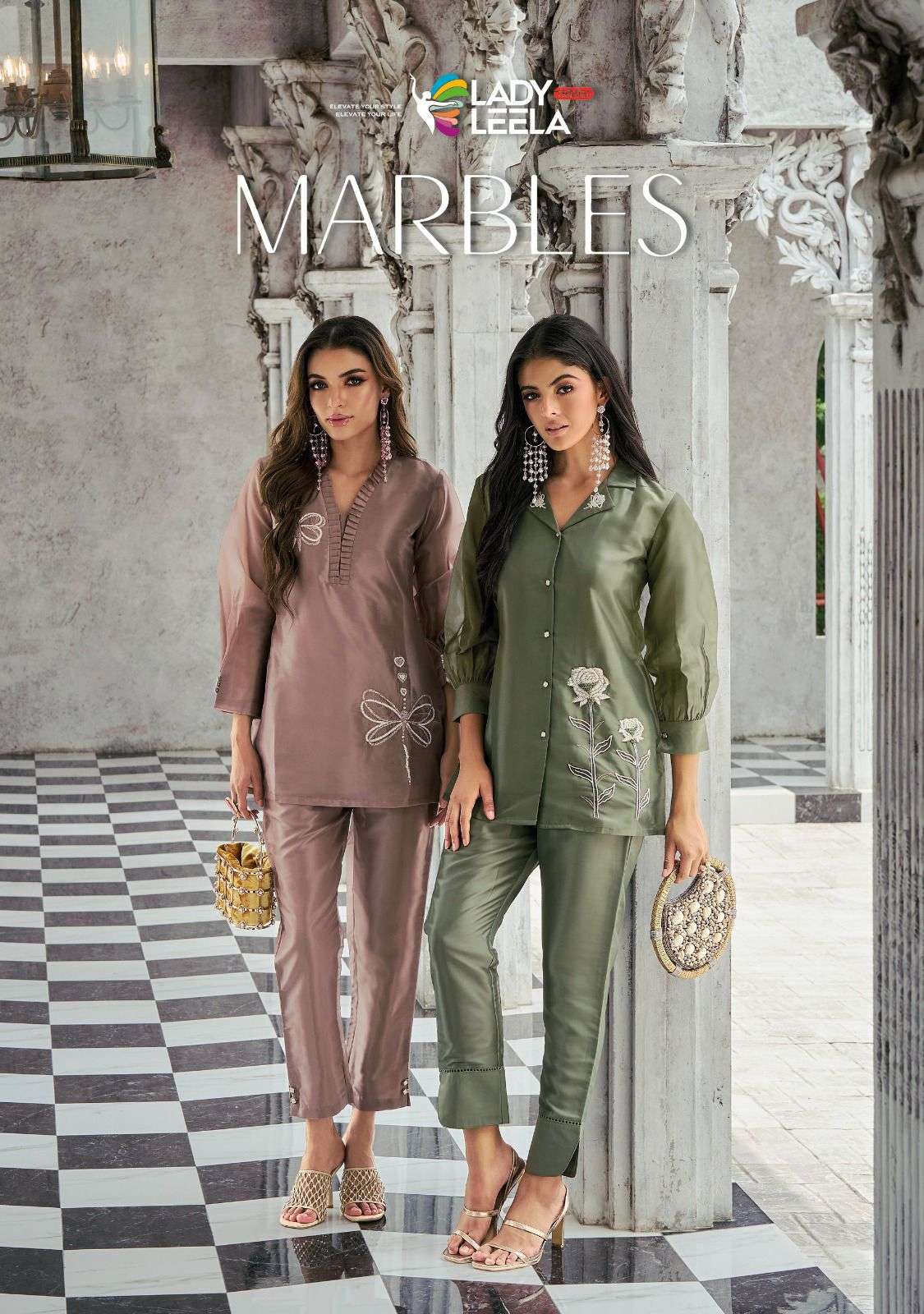 LADY LEELA BY MARBLES 1041 TO 1045 SERIES VISCOSE ORGANZA HAND WORK CO-ORD SETS