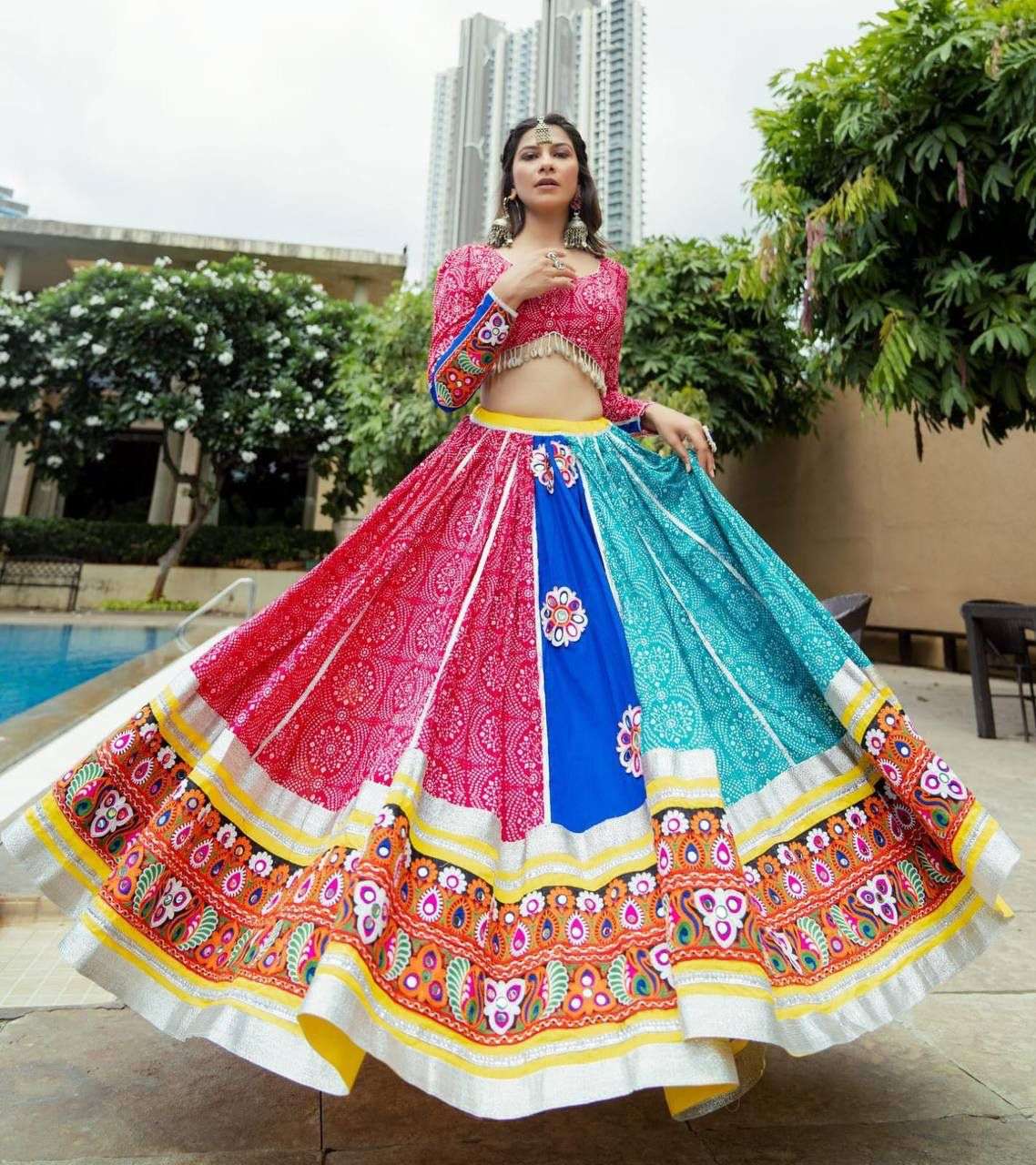 LC-1055 BY AQSAWHOLESALE BUTTER SILK MIRROR WORK READYMADE NAVRATRI LEHENGA