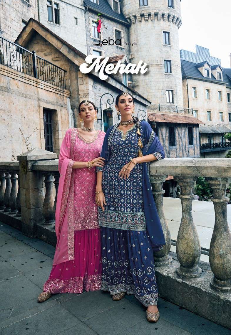 MEHAK BY EBA LIFESTYLE 1596TO 1599 SERIES FAUX GEORGETTE EMBROIDERY WORK SHARARA SUITS