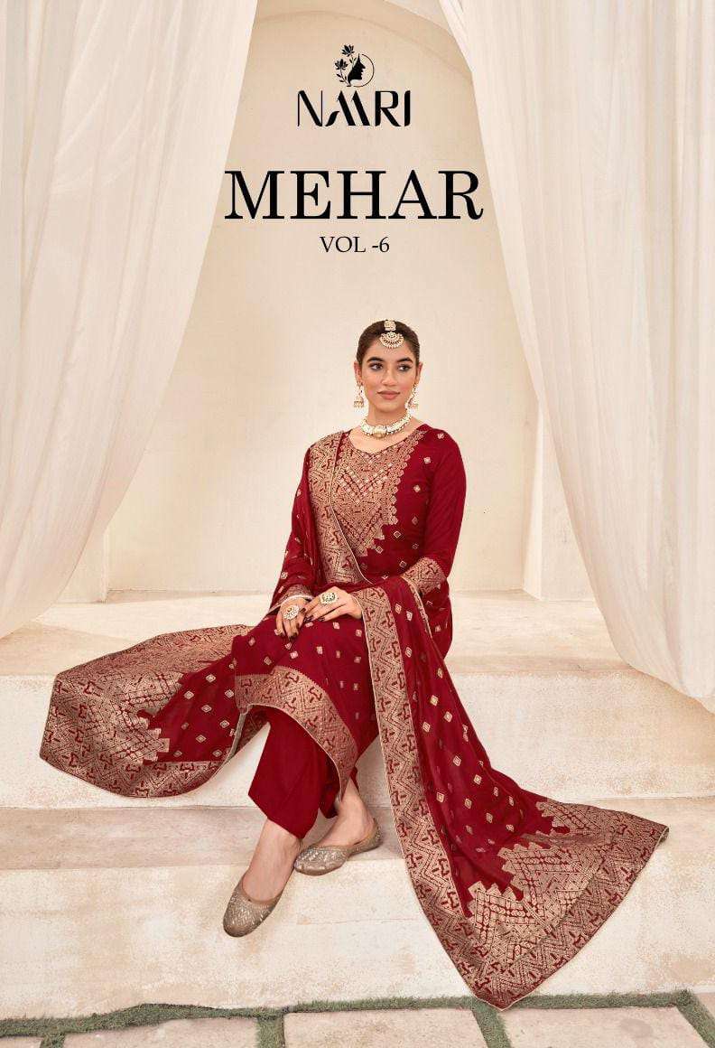 MEHAR VOL-6 BY NAARI 33001 TO 33004 SERIES PURE MUSLIN JACQUARD WORK DRESSES