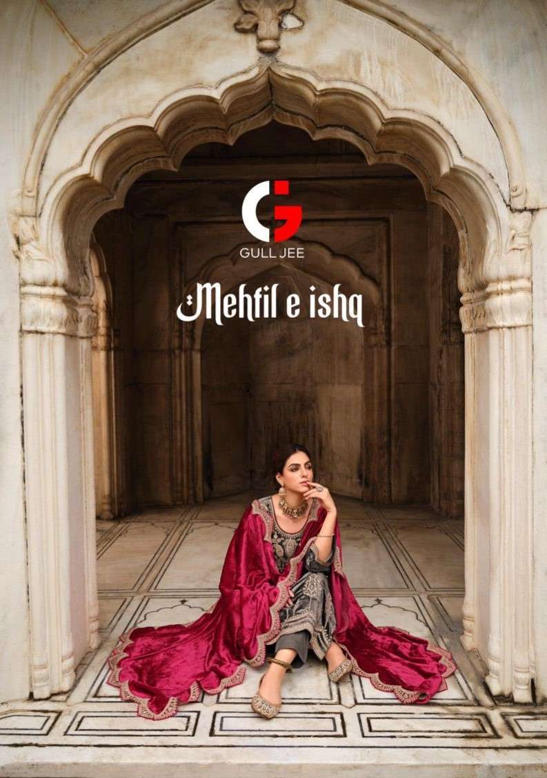 MEHFIL E ISHQ BY GULL JEE 10001 TO 10006 SERIES VELVET WORK WINTER WEAR DRESSES