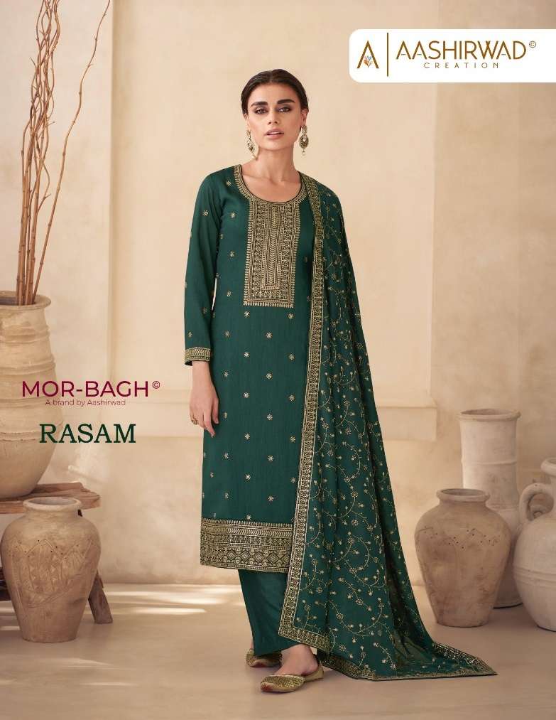 MOR-BAGH RASAM BY AASHIRWAD CREATION 9761 TO 9764 SERIES SILK EMBROIDERY WORK DRESSES