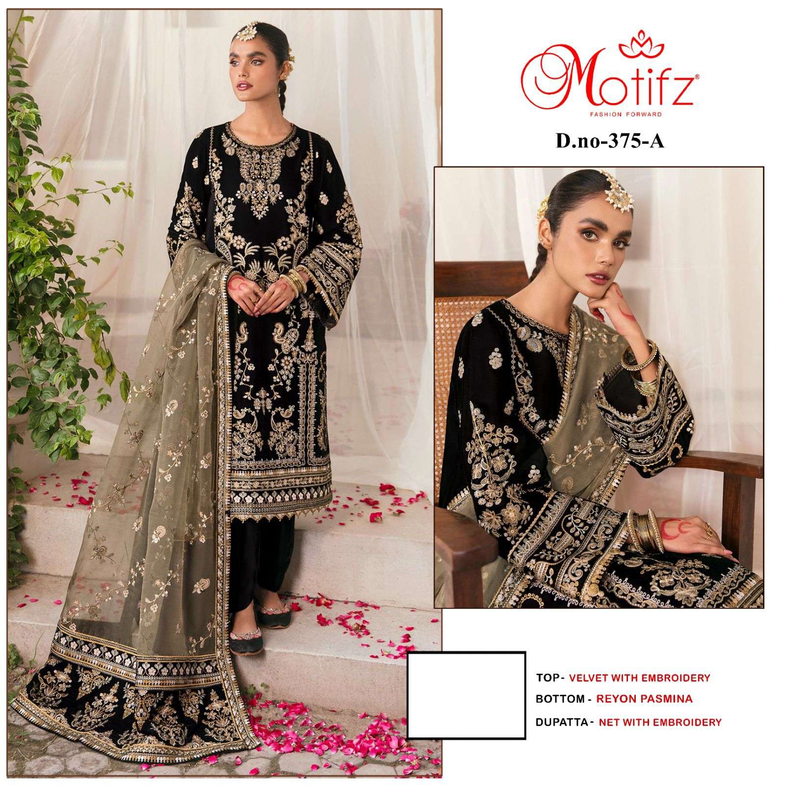 MOTIFZ 375-A TO 375-D SERIES BY MOTIFZ FASHION VELVET EMBROIDERY WORK PAKISTANI DRESSES