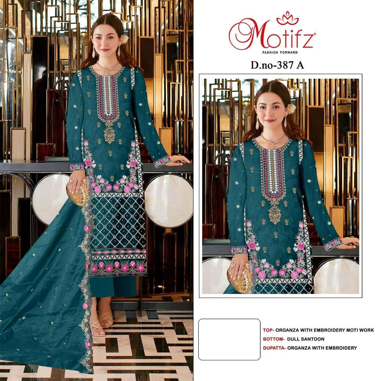 MOTIFZ 387-A TO 387-C SERIES BY MOTIFZ FASHION ORGANZA WORK PAKISTANI DRESSES