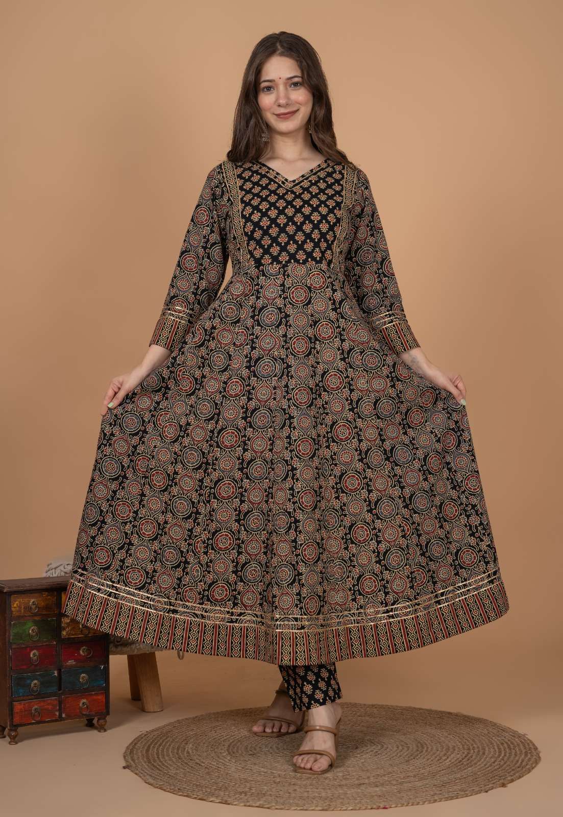 MS-1126 BY AQSAWHOLESALE COTTON AJRAKH PRINT GOWN & PANT SET