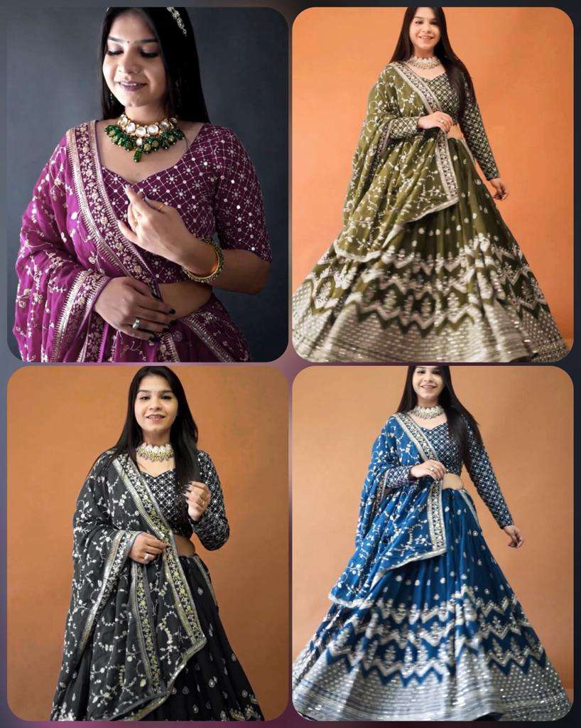 N-3055 COLOURS BY AQSAWHOLESALE FAUX GEORGETTE SILK HEAVY EMBROIDERY WORK LEHENGAS