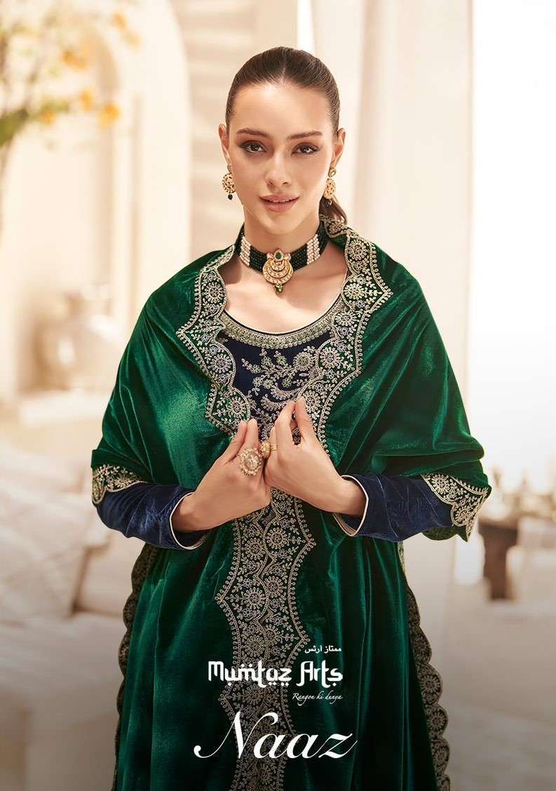 NAAZ BY MUMTAZ ARTS 47001 TO 47004 SERIES VELVET EMBROIDERY WORK WINTER WEAR DRESSES