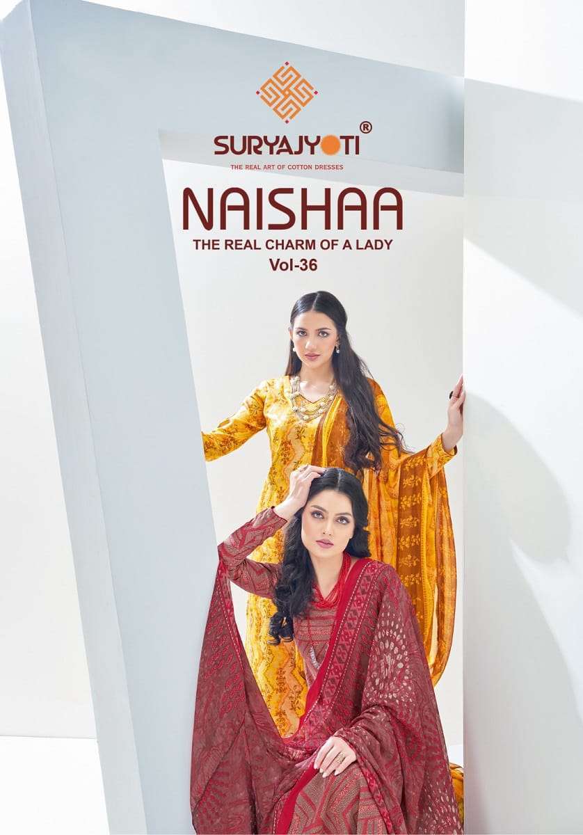 NAISHAA VOL-36 SURYAJYOTI 36001 TO 36008 SERIES COTTON SATIN PRINT DRESSES