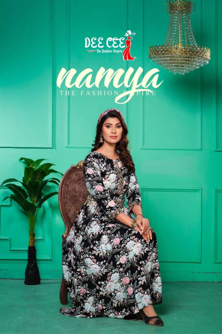 NAMYA BY DEE CEE 101 TO 106 SERIES HEAVY RAYON PRINT EMBROIDERY KURTIS