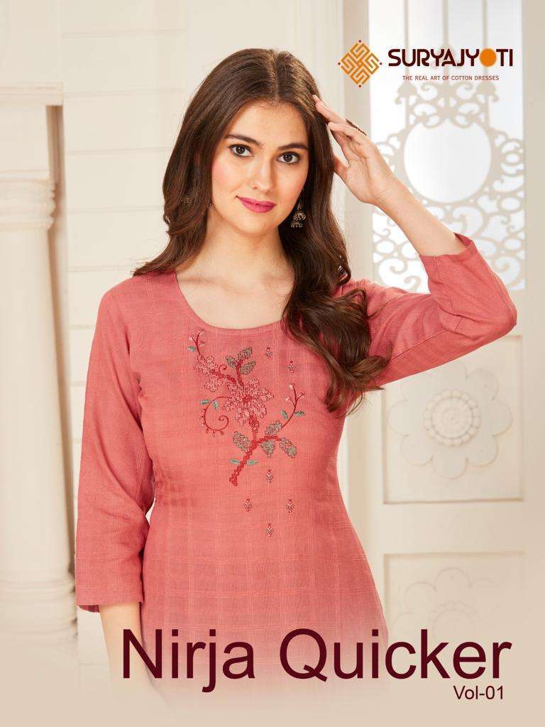 NIRJA QUICKER VOL-1 BY SURYAJYOTI 1001 TO 1004 SERIES SLUB RAYON WORK KURTIS