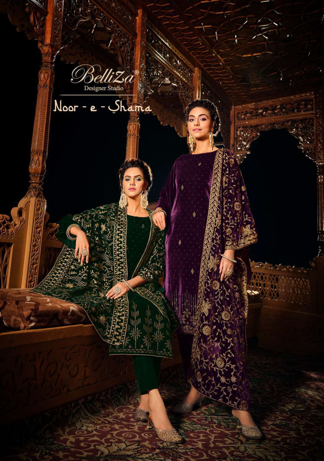 NOOR-E-SHAMA BY BELLIZA 823-001 TO 823-006 SERIES VELVET WINTER WEAR DRESSES