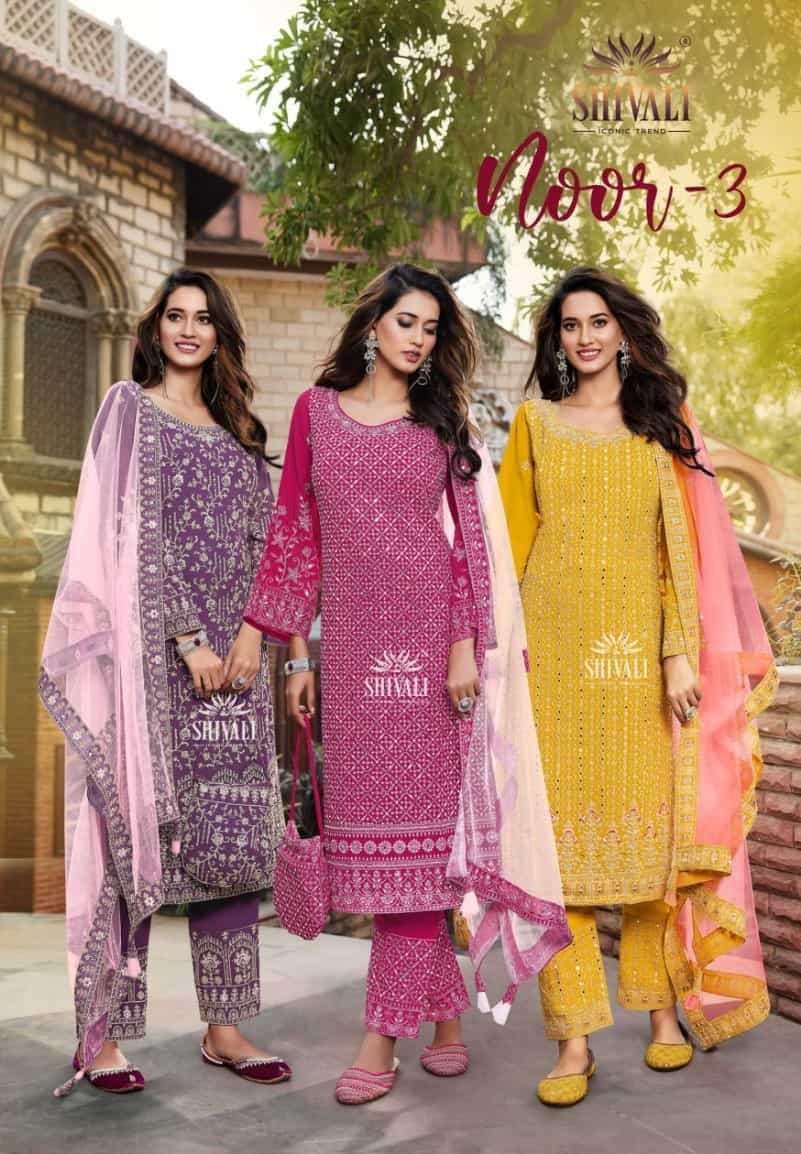 NOOR VOL-3 BY SHIVALI 3001 TO 3005 SERIES FANCY FABRIC HEAVY WORK READYMADE DRESSES