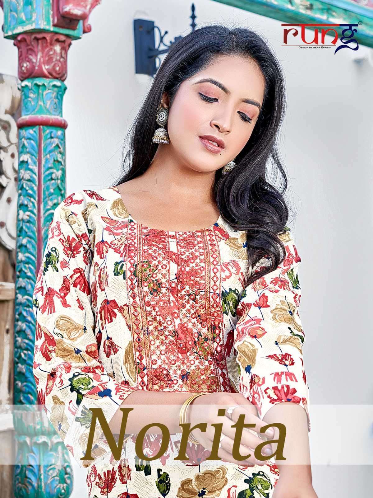 NORITA BY RUNG 1001 TO 1008 SERIES RAYON FOIL PRINT EMBROIDERY KURTIS