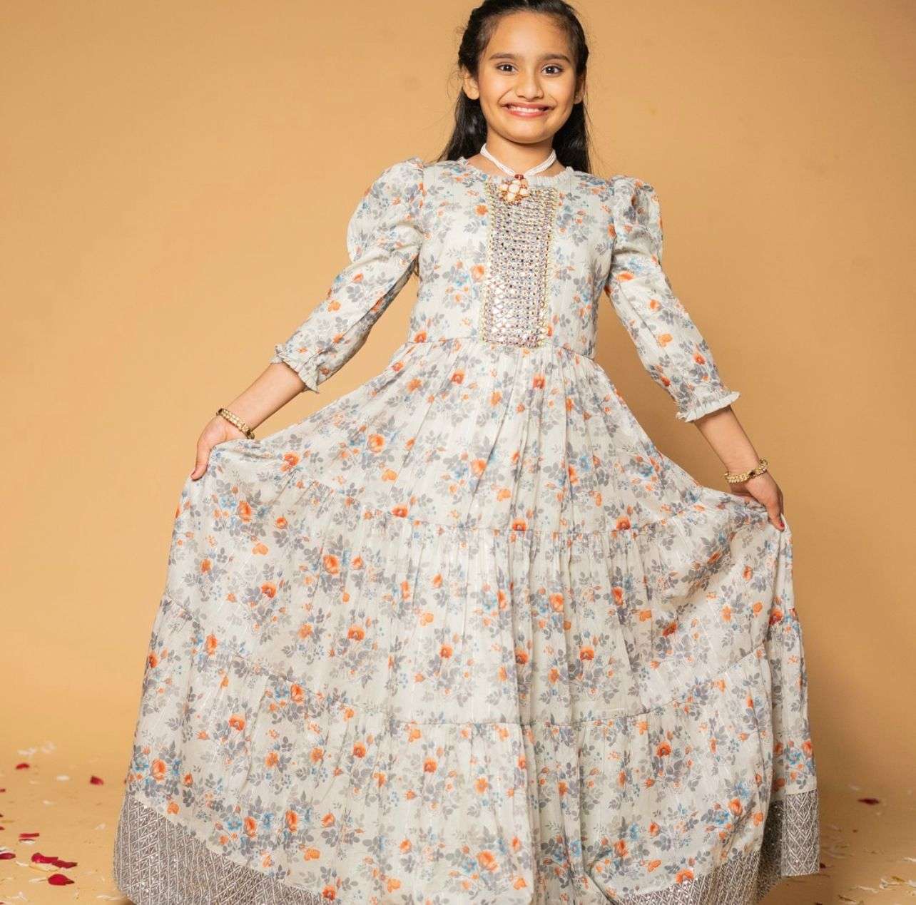 OC-132 BY AQSAWHOLESALE HEAVY AMERICAN CREPE SEQUENCE WORK KIDS GOWN