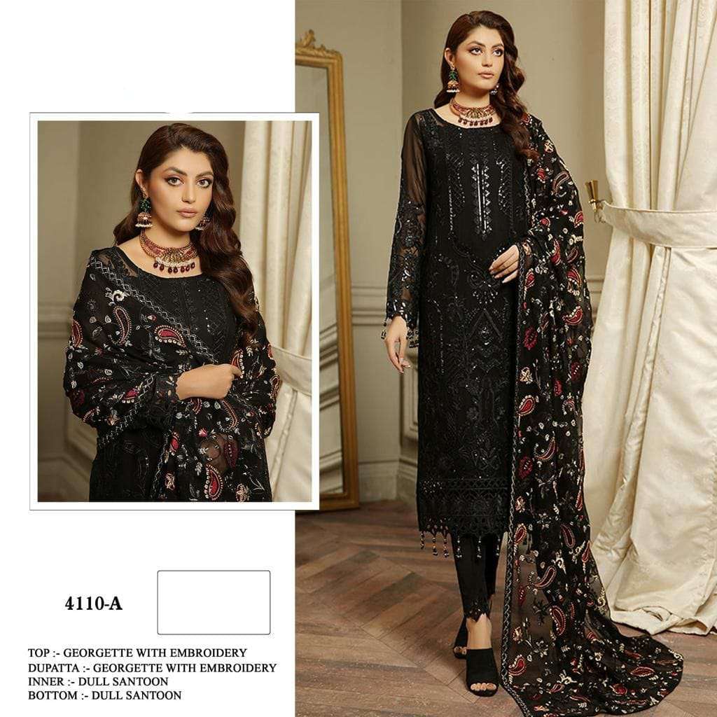 PK 4110-A TO 4110-F SERIES BY AQSAWHOLESALE FAUX GEORGETTE WORK PAKISTANI DRESSES