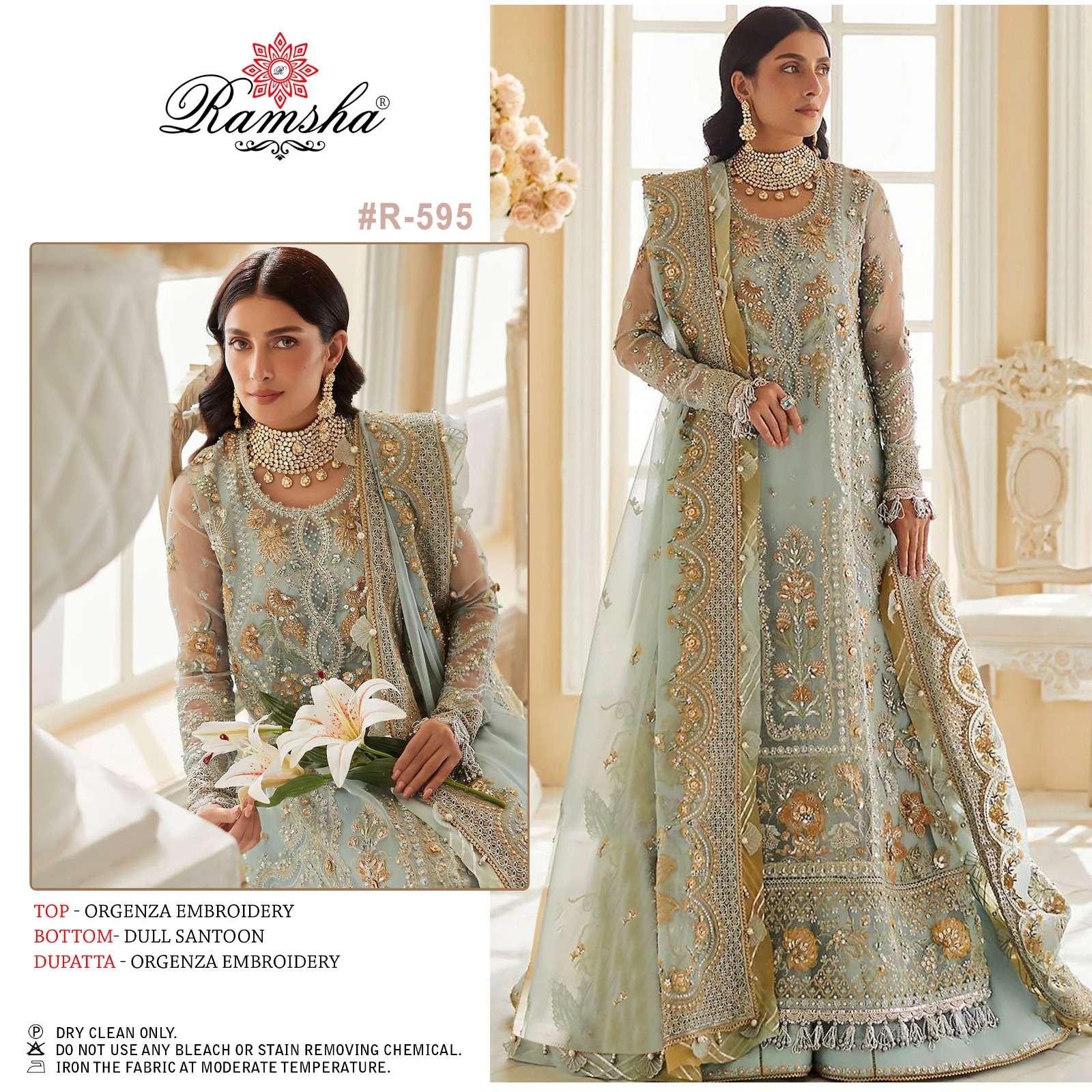 R-595 HIT DESIGN BY RAMSHA ORGANZA EMBROIDERY WORK PAKISTANI DRESS