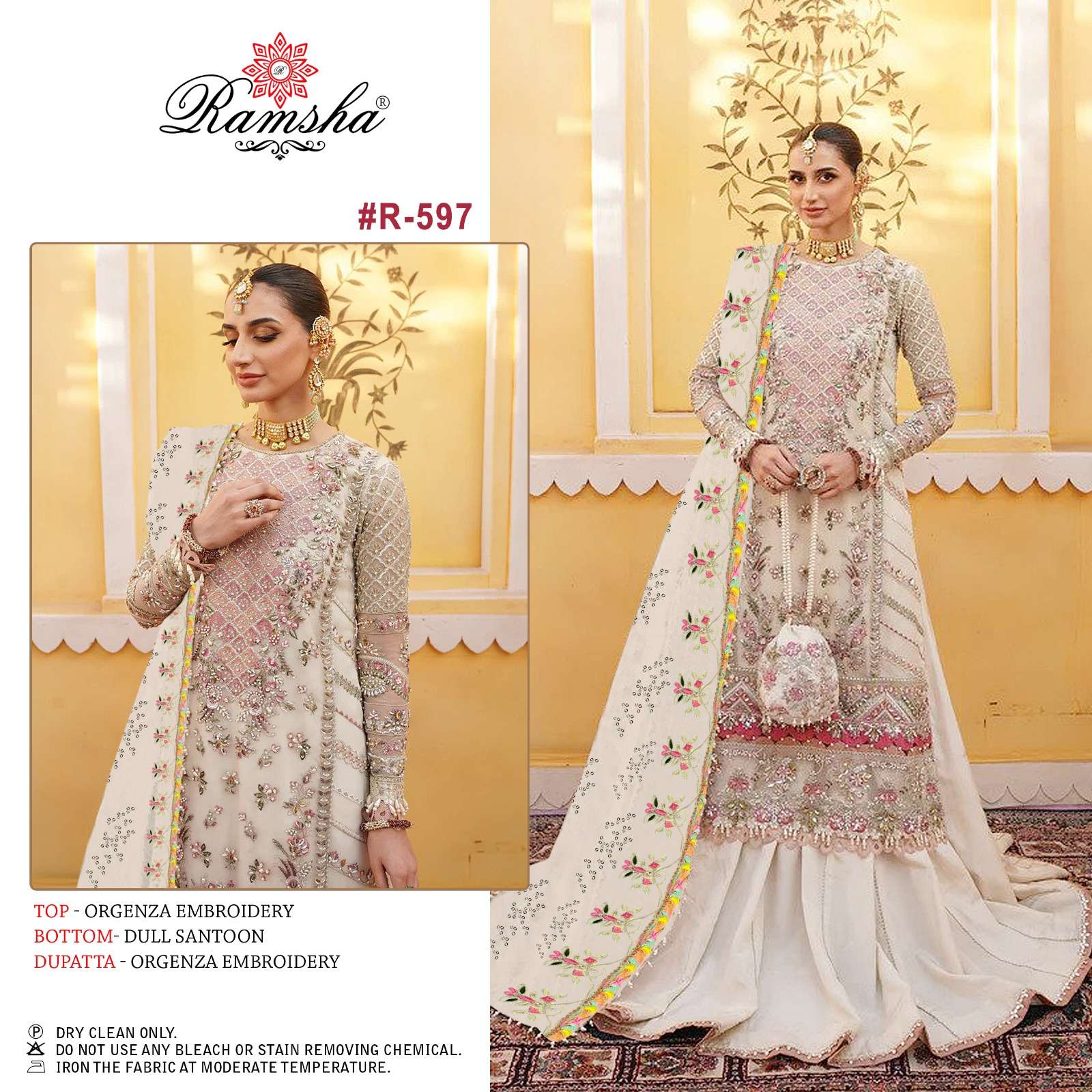 R-597 HIT DESIGN BY RAMSHA ORGANZA HEAVY EMBRODIERY WORK PAKISTANI DRESS