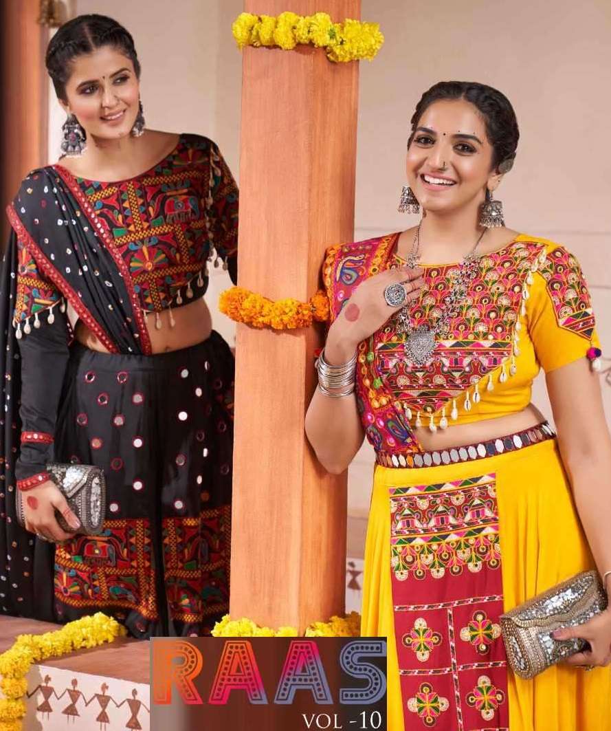 RAAS VOL-10 BY SHUBHKALA 2361 TO 2367 SERIES VISCOSE RAYON HEAVY WORK NAVRATRI LEHENGAS