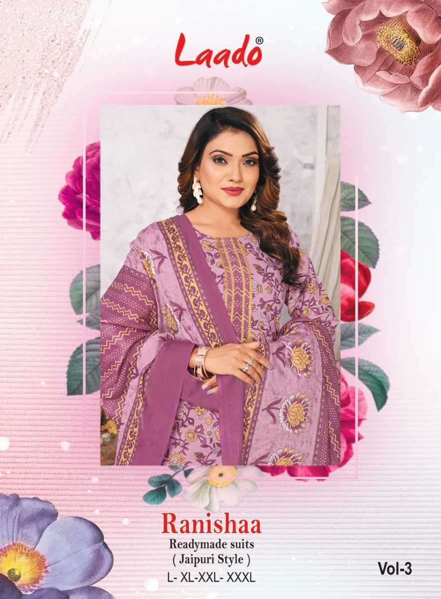 RANISHAA VOL-3 BY LAADO 3001 TO 3010 SERIES PURE HEAVY COTTON PRINT READYMADE DRESSES