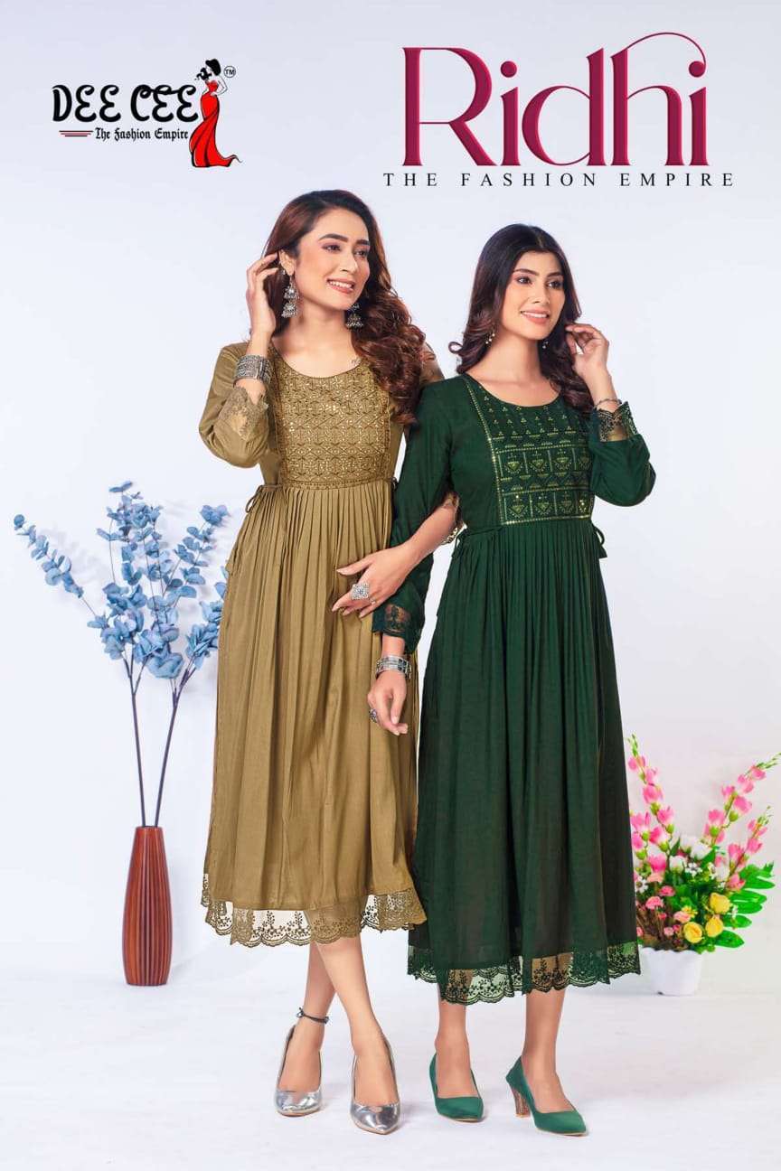 RIDHI BY DEE CEE 101 TO 106 SERIES RAYON SEQUENCE EMBROIDERY WORK NAYRA CUT KURTIS