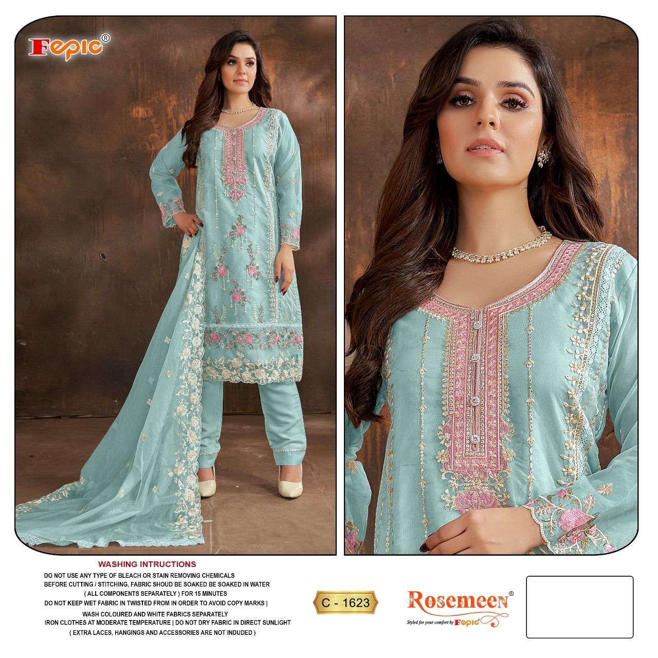 ROSEMEEN 1623 COLOURS BY FEPIC 1623-A TO 1623-D SERIES ORGANZA WORK PAKISTANI SUITS