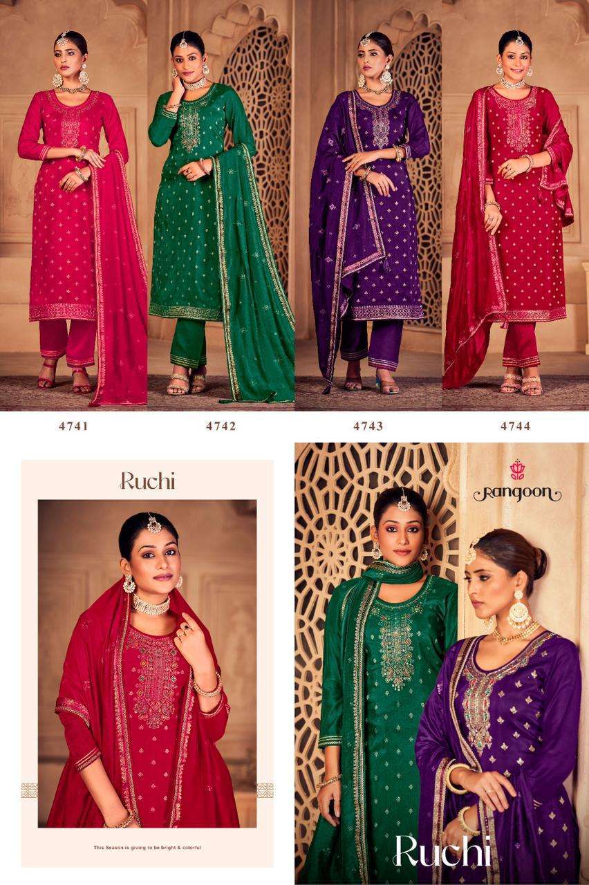 RUCHI BY RANGOON 4741 TO 4744 SERIES JACQUARD HAND KHATLI WORK READYMADE DRESSES