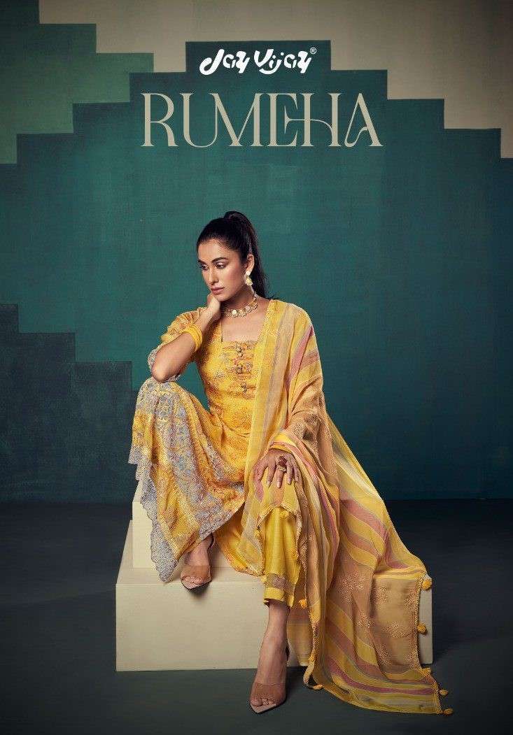 RUMEHA BY JAY VIJAY 8481 TO 8488 SERIES ORGANZA PRINT EMBRODIERY WORK DRESSES