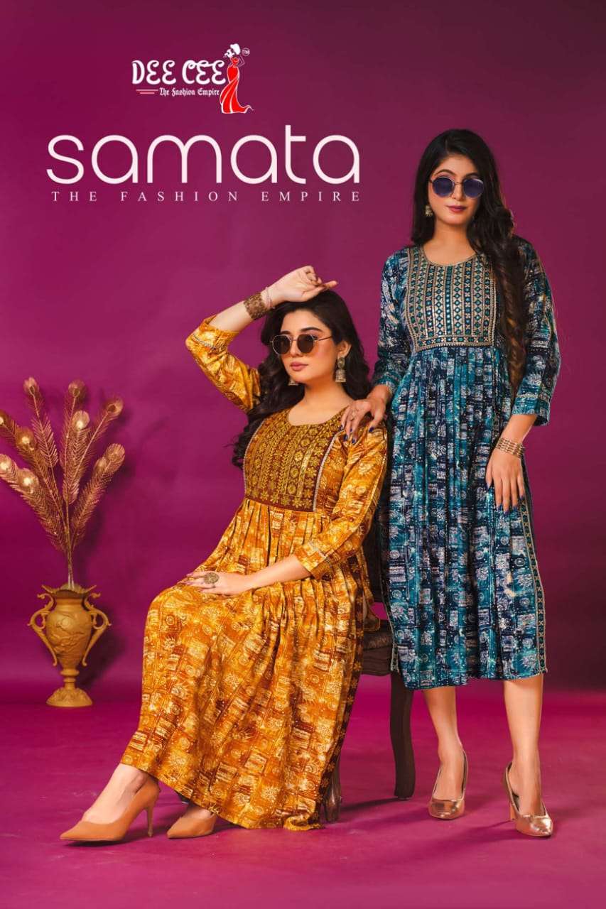 SAMATA BY DEE CEE 101 TO 106 SERIES RAYON PRINT EMBROIDERY WORK KURTIS