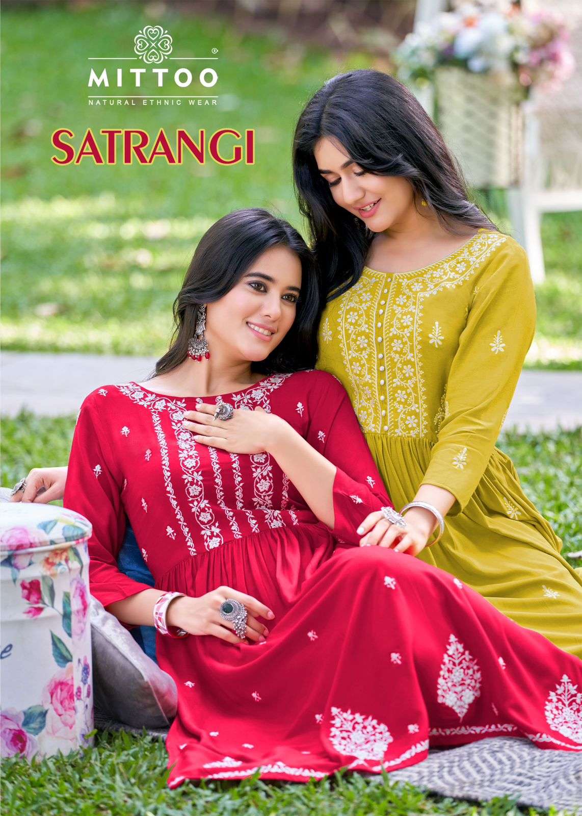 SATRANGI BY MITTOO 3001 TO 3006 SERIES RAYON COTTON WORK NAYRA CUT KURTIS