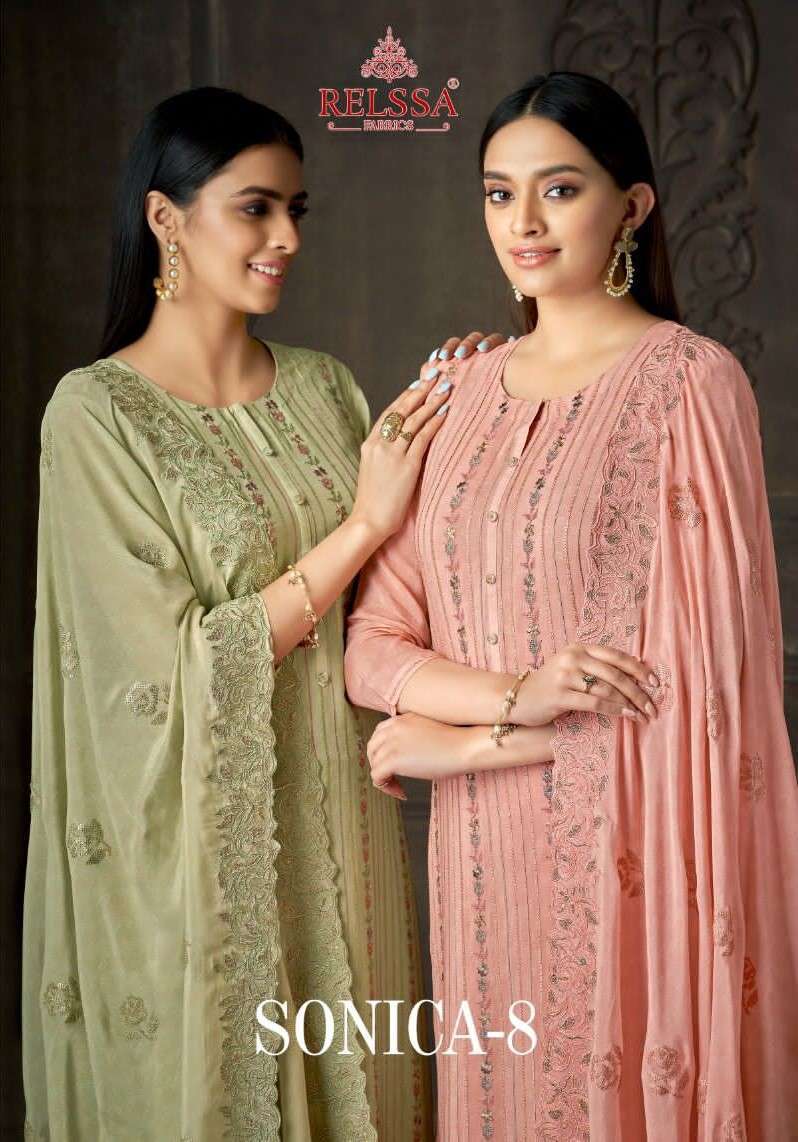 SONICA VOL-8 BY RELSSA 34001 TO 34004 SERIES MODAL EMBROIDERY WORK DRESSES