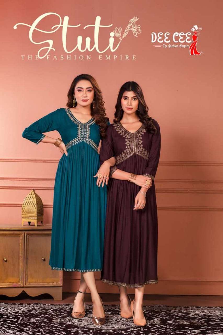 STUTI BY DEE CEE 101 TO 106 SERIES RAYON EMBRODIERY WORK NAYRA CUT KURTIS