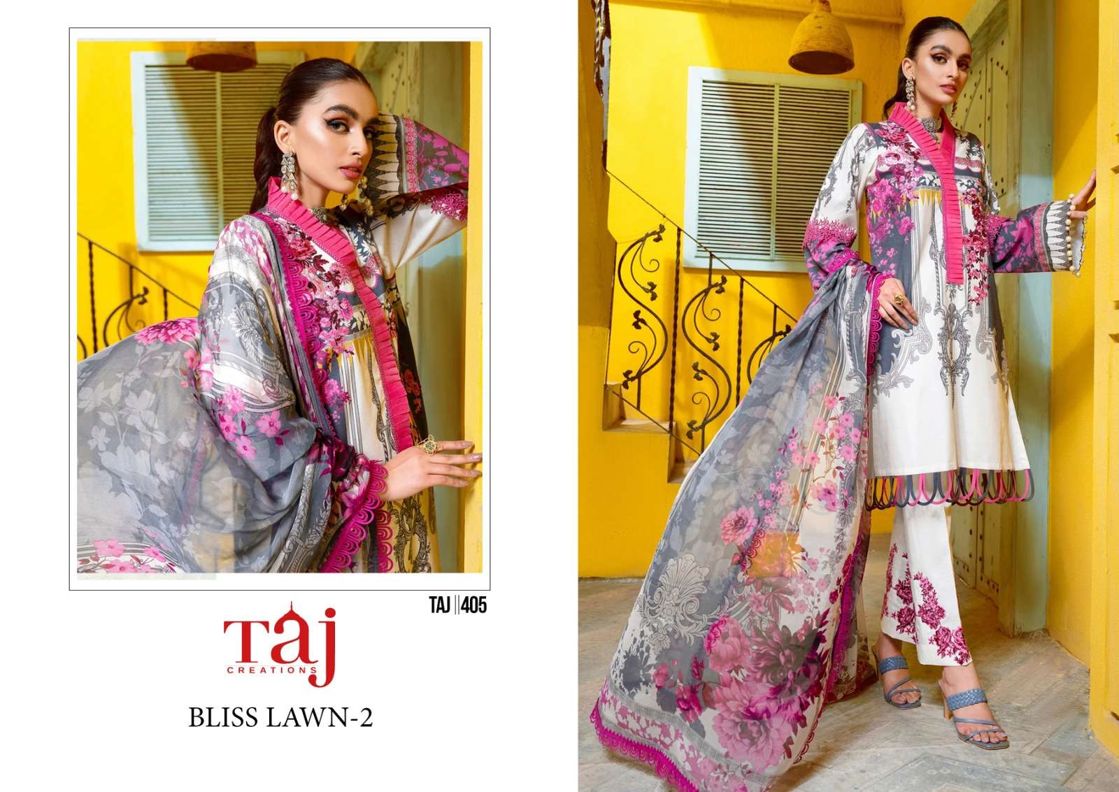 TAJ BLISS LAWN 405 BY AQSAWHOLESALE PURE COTTON PRINT WORK PAKISTANI DRESS