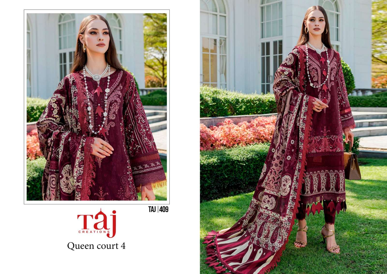 TAJ QUEENS COURT 409 HIT DESIGN BY AQSAWHOLESALE COTTON PRINT WORK PAKISTANI DRESS