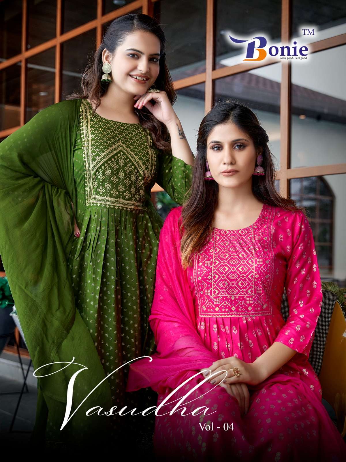 VASUDHA VOL-4 BY BONIE 4001 TO 4008 SERIES RAYON PRINT WORK READYMADED DRESSES