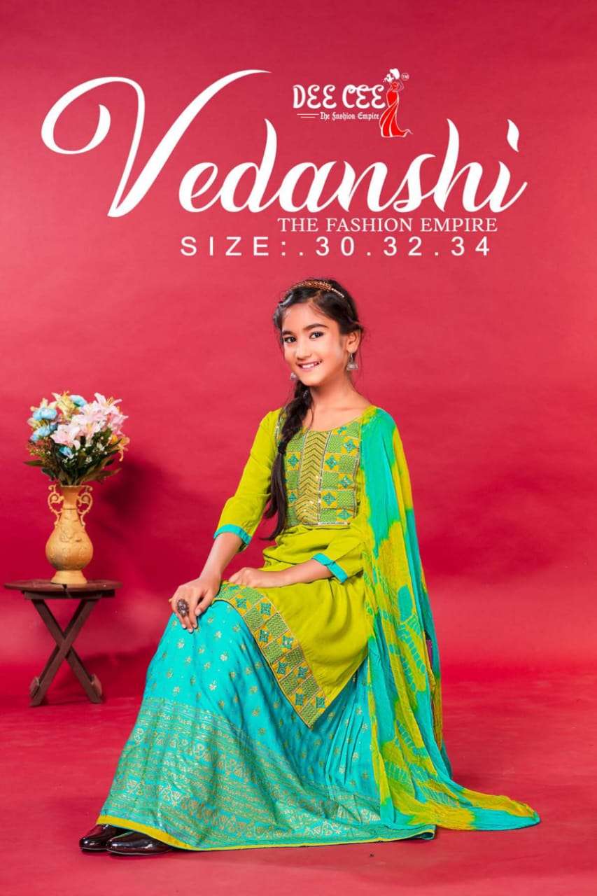 VEDANSHI BY DEE CEE 101 TO 106 SERIES RAYON PRINT WORK KIDS SKIRT SUIT