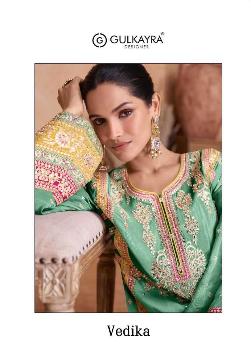 VEDIKA BY GULKAYRA 7406-A TO 7406-C SERIES REAL CHINON WORK READYMADE DRESSES