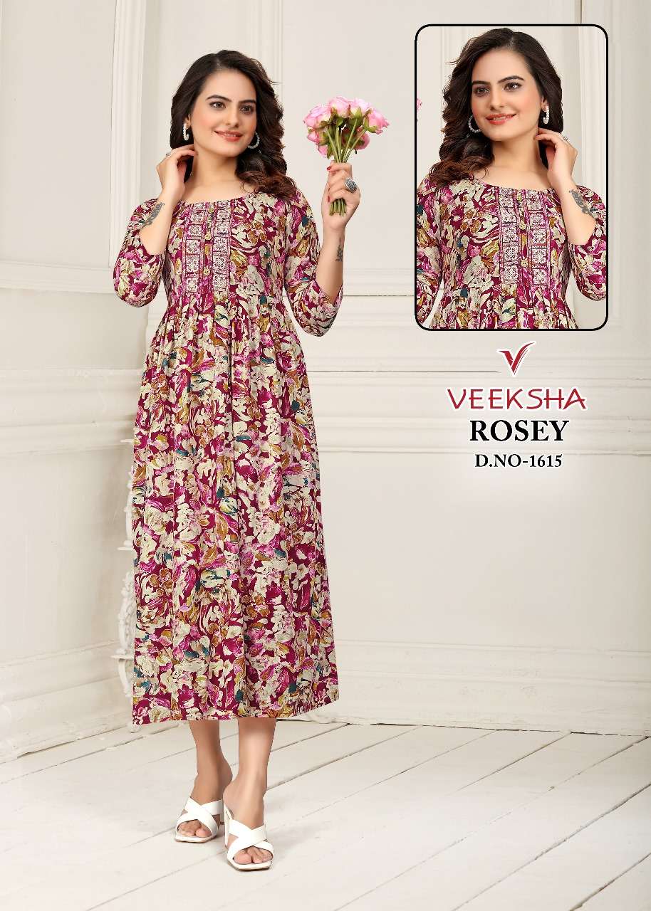 VEEKSHA ROSEY BY AQSAWHOLESALE 1601 TO 1617 SERIES RAYON PRINT WORK KURTIS