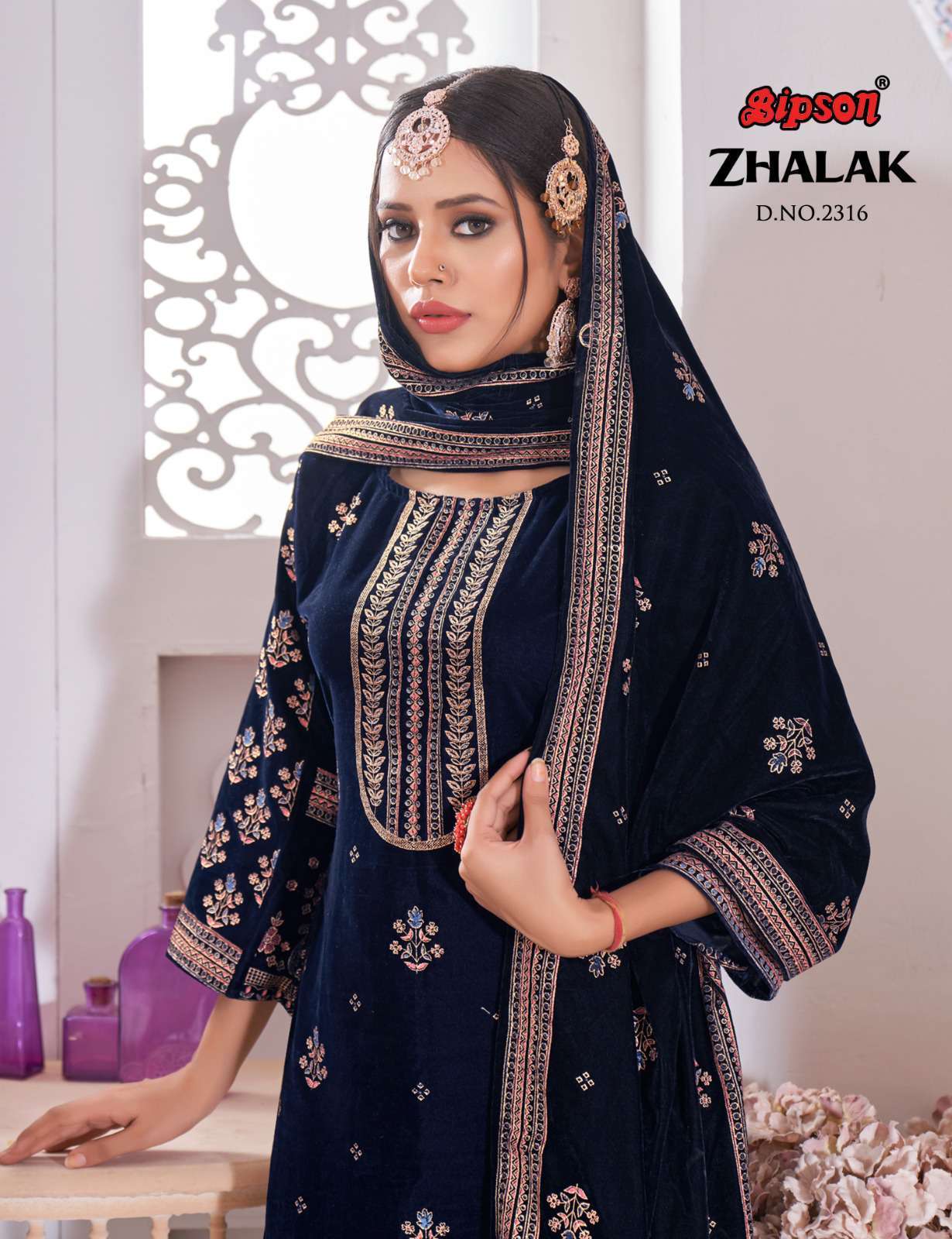 ZHALAK BY BIPSON 2316-A TO 2316-D SERIES VISCOSE VELVET WORK WINTER WEAR DRESSES