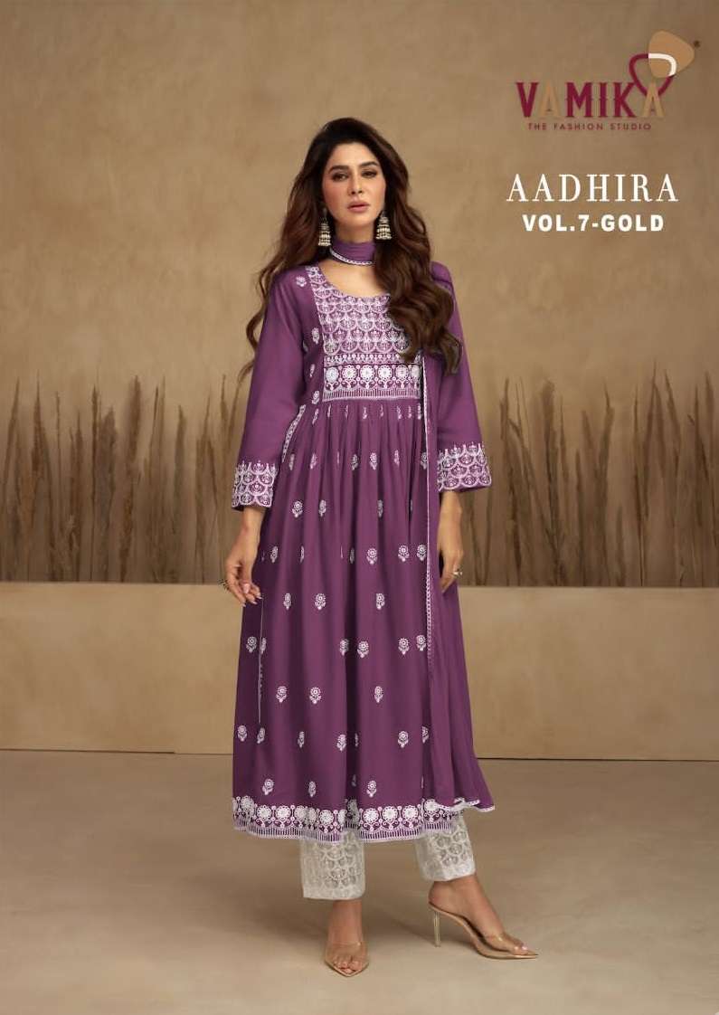 AADHIRA VOL-7 GOLD BY VAMIKA 1109-F TO 1109-J SERIES RAYONLAKHNOWI WORK READYAMDE DRESSES