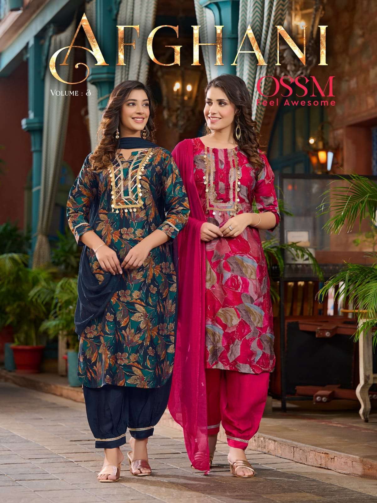 AFGHANI VOL-3 BY OSSM 301 TO 306 SERIES CHANDERI PRINT WORK READMADE DRESSES