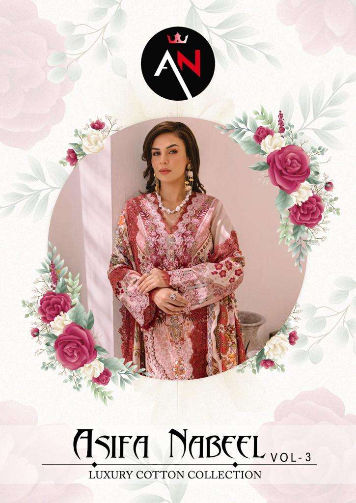 ASIFA NABEEL VOL-3 BY AQSAWHOLESALE 3001 TO 3008 SERIES PURE COTTON PAKISTANI DRESSES