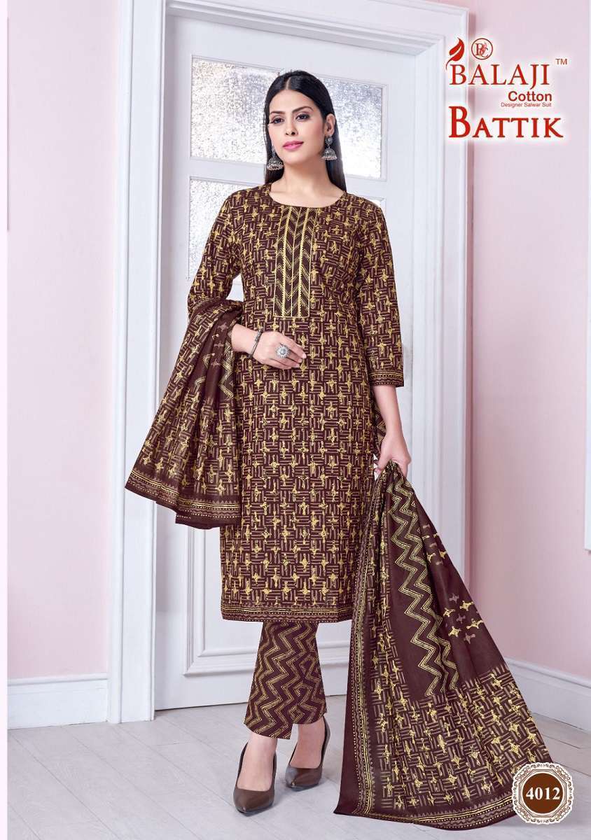 BATTIK ART VOL-4 BY BALAJI COTTON 4001 TO 4012 SERIES PURE COTTON PRINT DRESSES